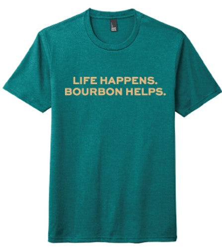 "Life Happens, Bourbon Helps" Heathered Teal Day Swigger Classic Tee