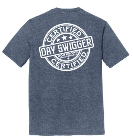 Navy Frost  t-shirt with 'Certified Day Swigger' text on the back against a white background