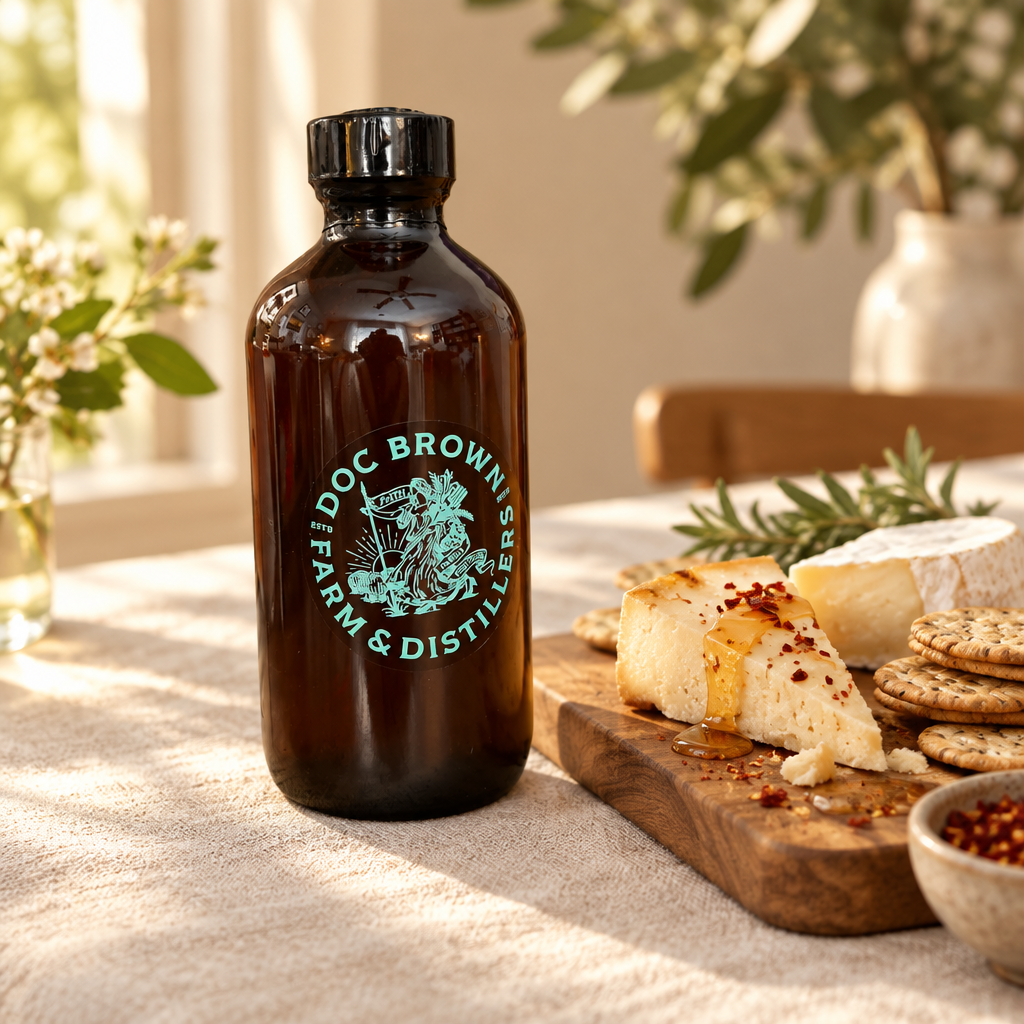 Barrel-aged hot honey beside a cheese board