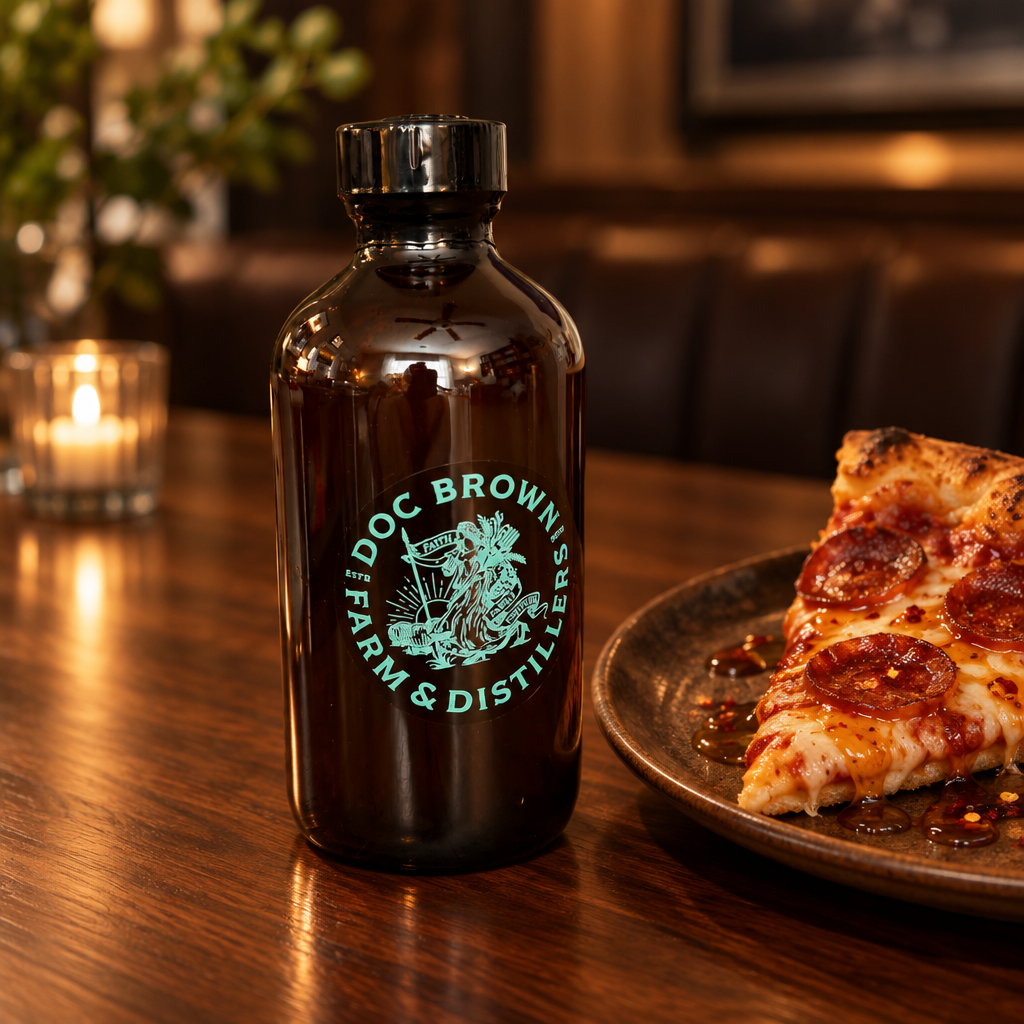 Barrel-aged hot honey beside pizza