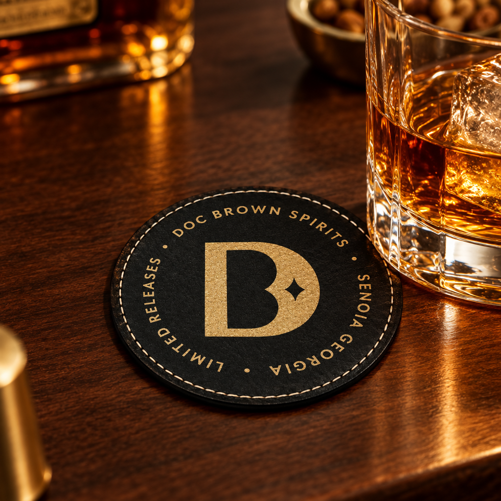 Coaster on a warm walnut home bar