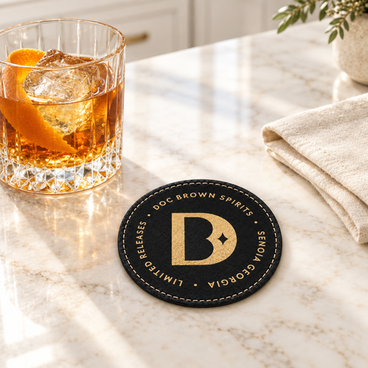Coaster on ivory marble beside a cocktail