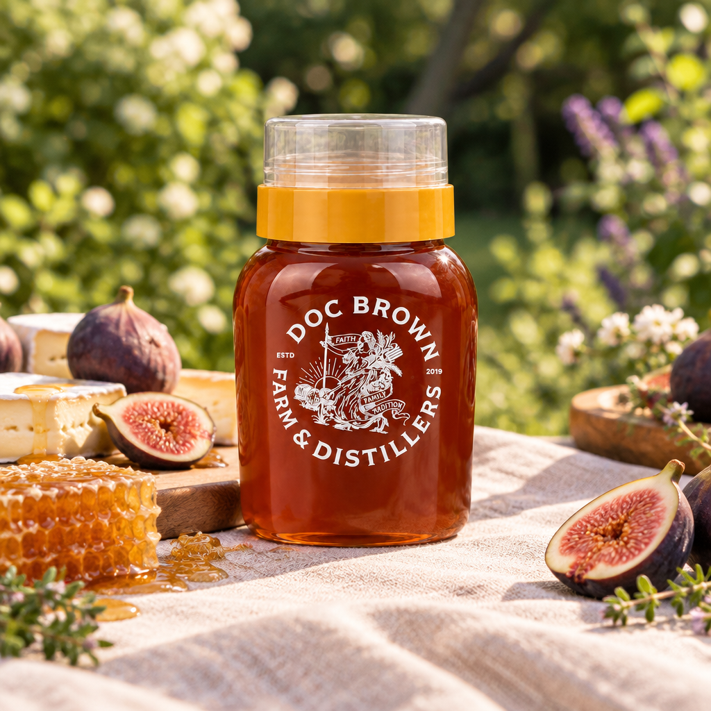 Honey bottle at a garden picnic