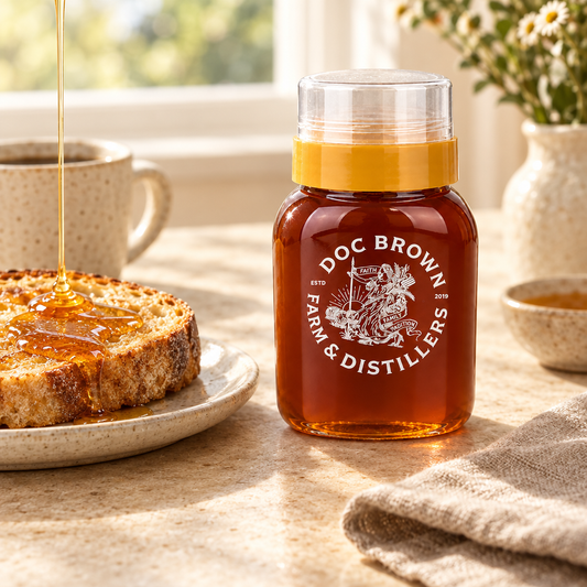 Honey bottle on a breakfast table