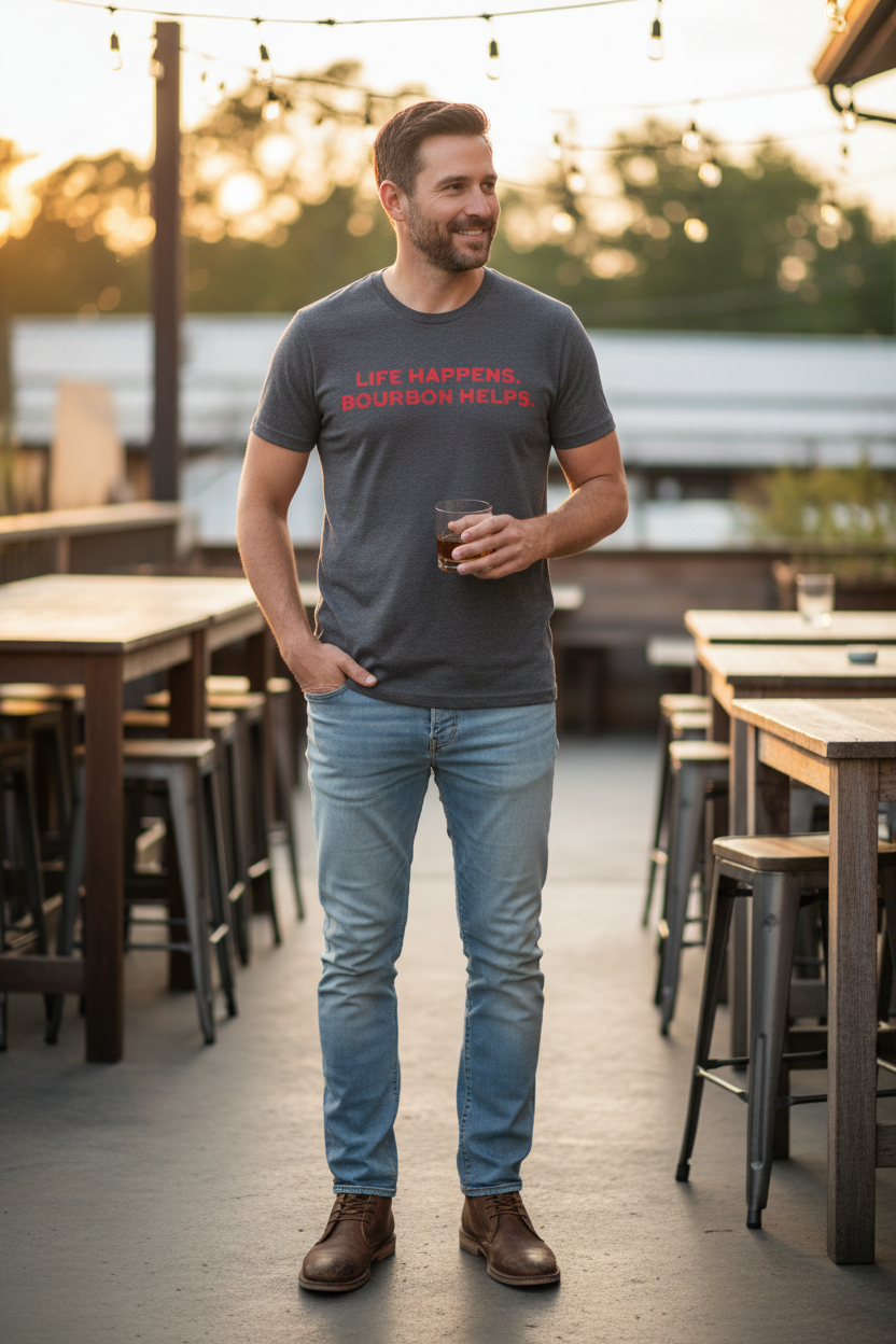 Male lifestyle front charcoal tee