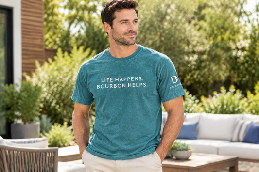 Man wearing the teal tee outdoors