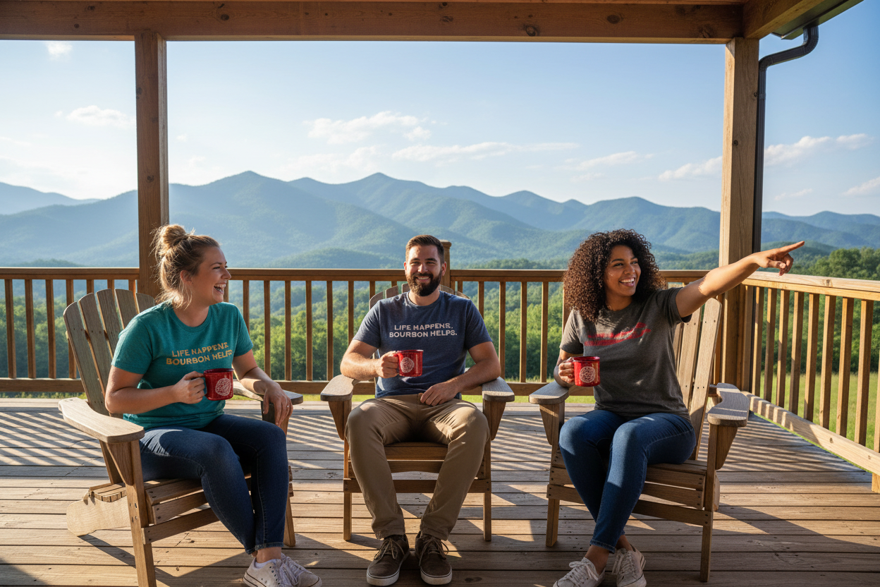 Mountain Porch with Mugs and Shirts