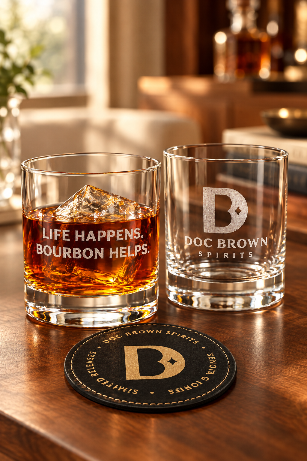 Rocks glasses and leather coaster in a home-bar setting