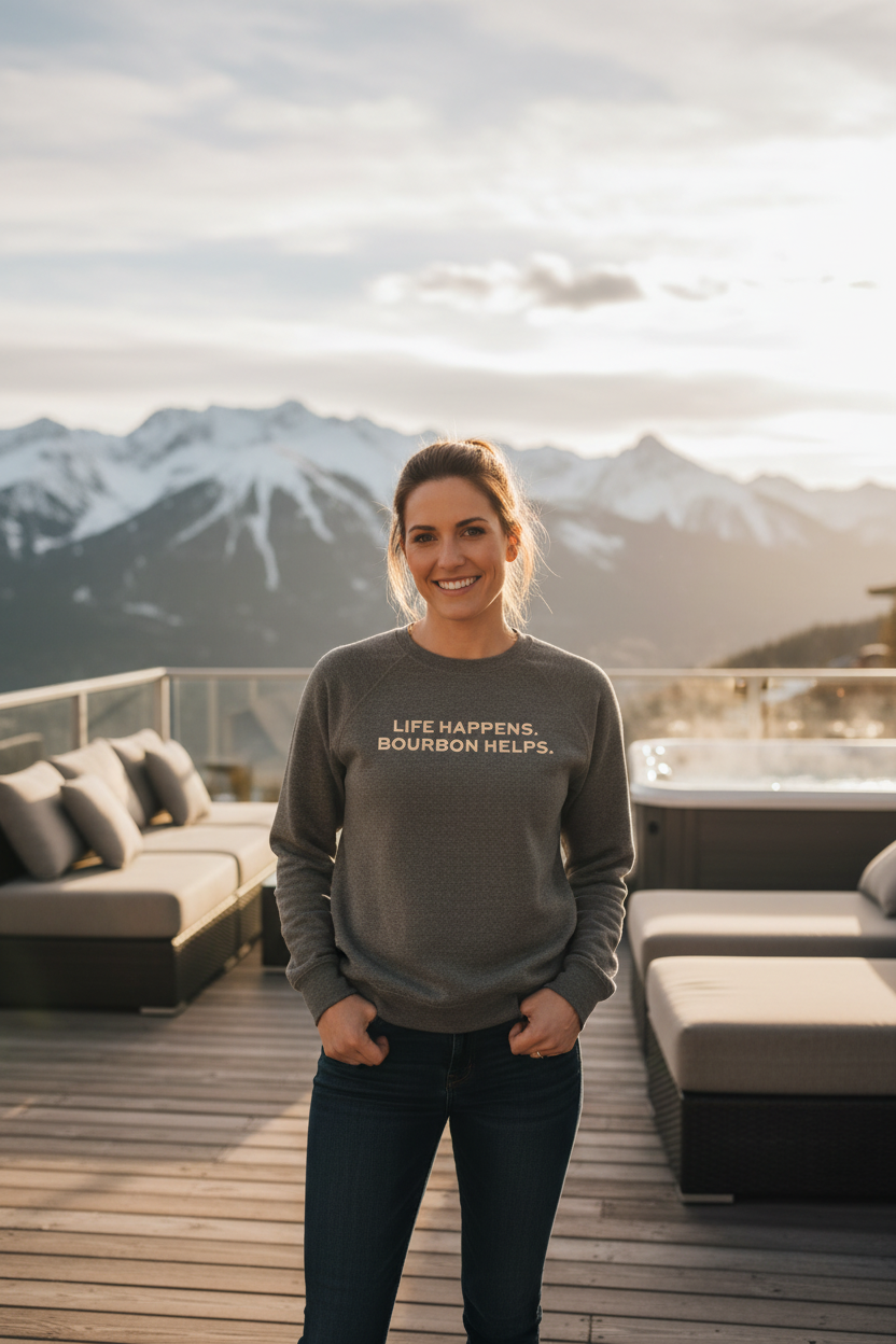 Woman gray heather mountain deck