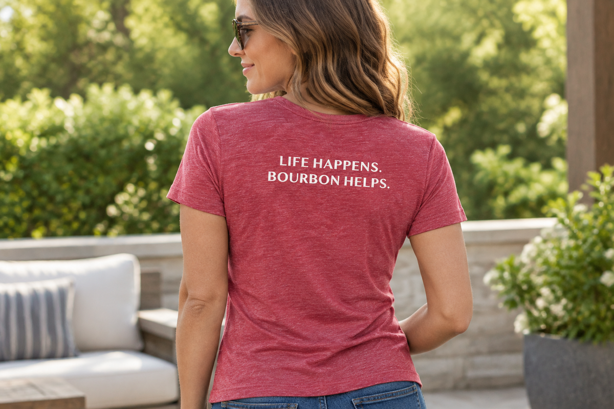 Woman modeling the back of the red V-neck